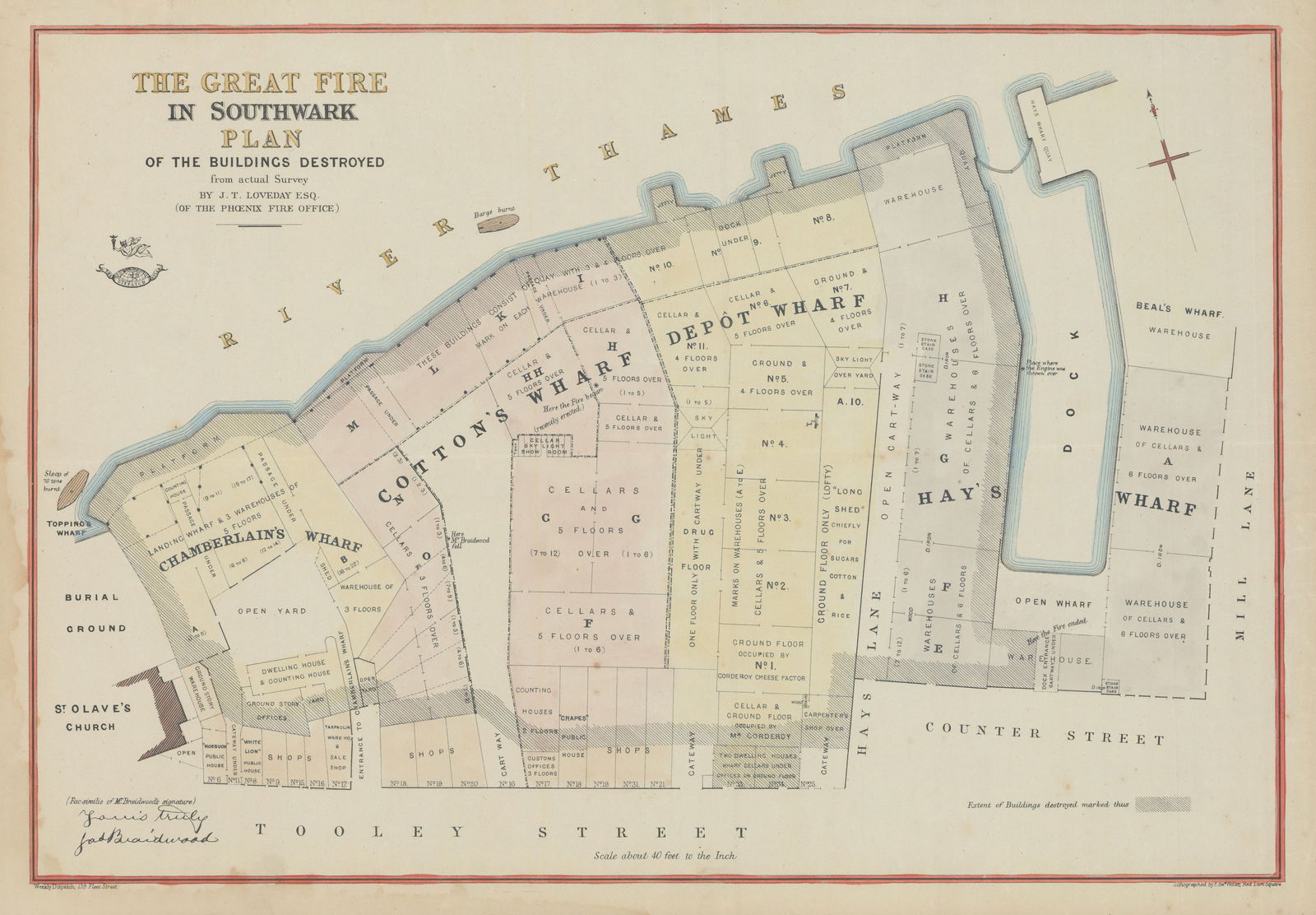 The Great Fire in Southwark… Buildings Destroyed. Tooley Street. WELLER 1865 map (1 of 1)