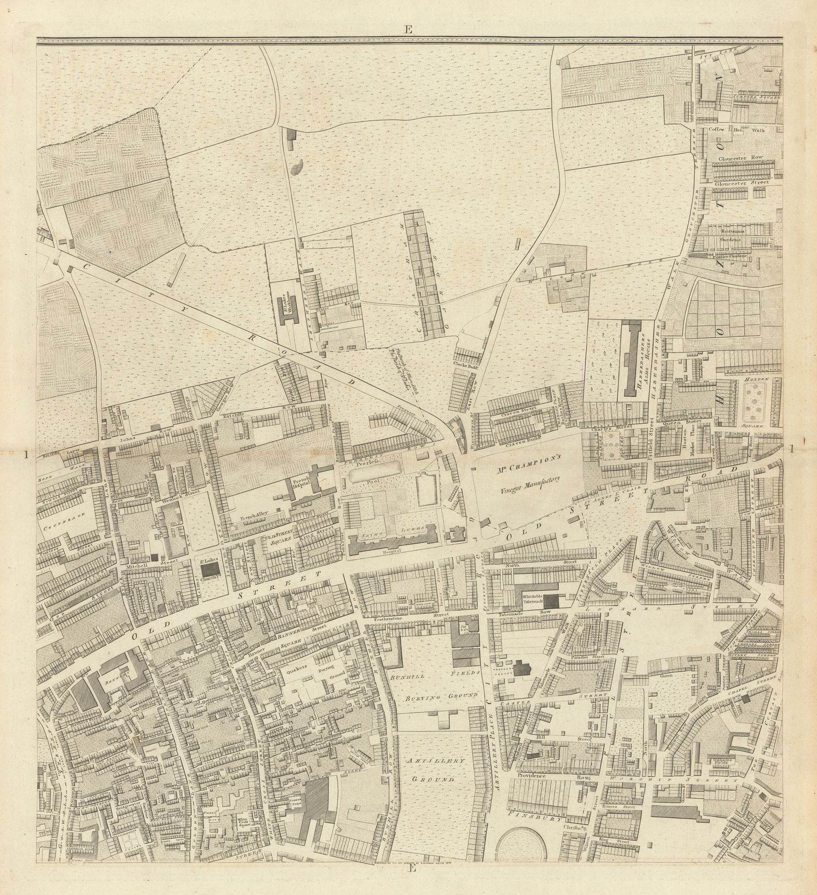 Horwood London E1 Old Street Hoxton City Road Finsbury Bunhill Fields 1799 map: CAPTION PRINTED BELOW PICTURE: 'Sheet E1 - Old Street, Hoxton Square, City Road, Finsbury, Bunhill Fields' DATE PRINTED: 1799 IMAGE SIZE: Approx 59.5 x 54.5cm, 23.5 x 21.25 inches (Large); Please note