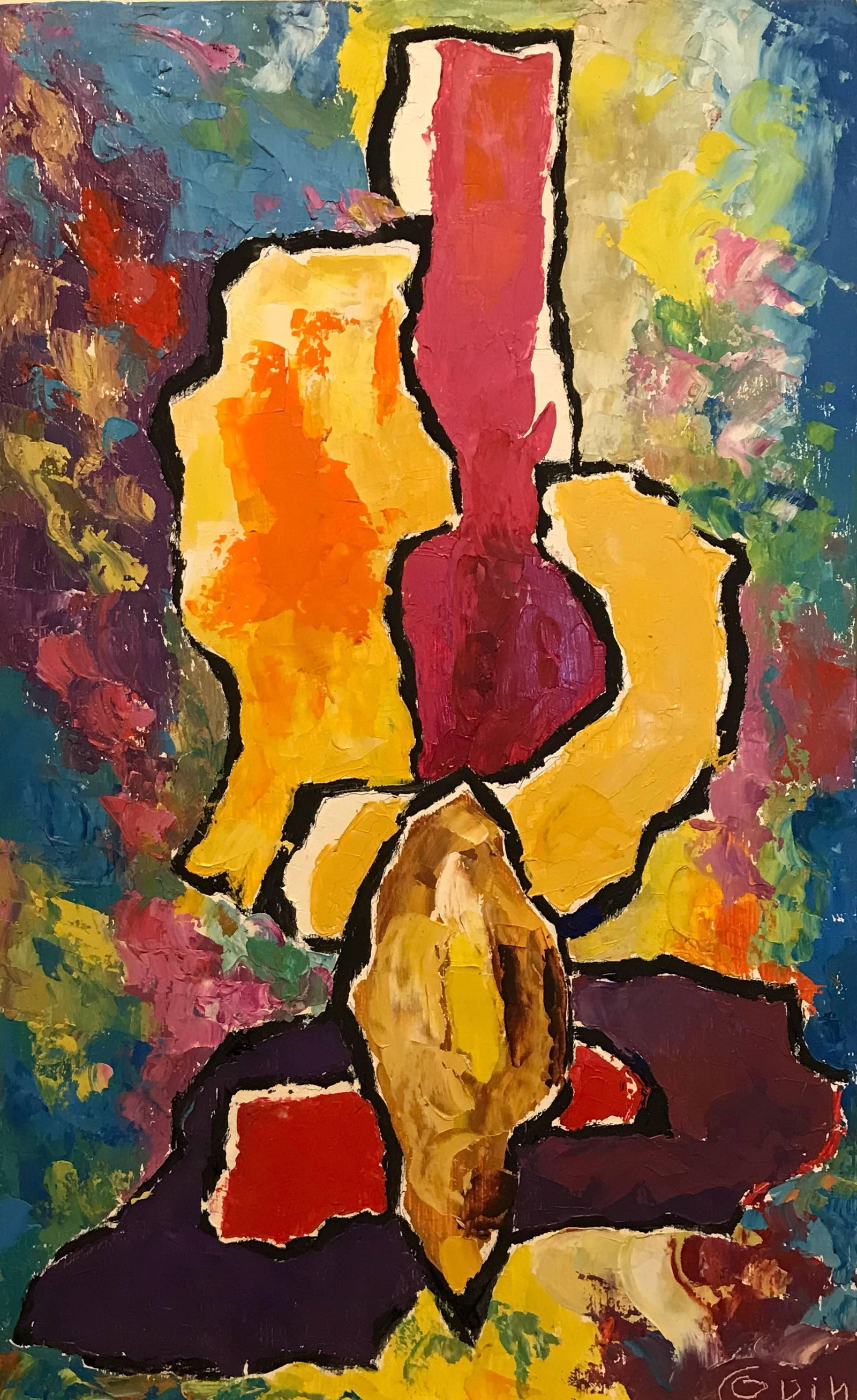 Warm Soft Colors French Expressionist Abstract Oil Painting: Superb French expressionist abstract oil painting by the popular 20th century French painter, Andre Copin (1911-1998). The painting is signed to the lower corner and dates to the 1980's period. The wo