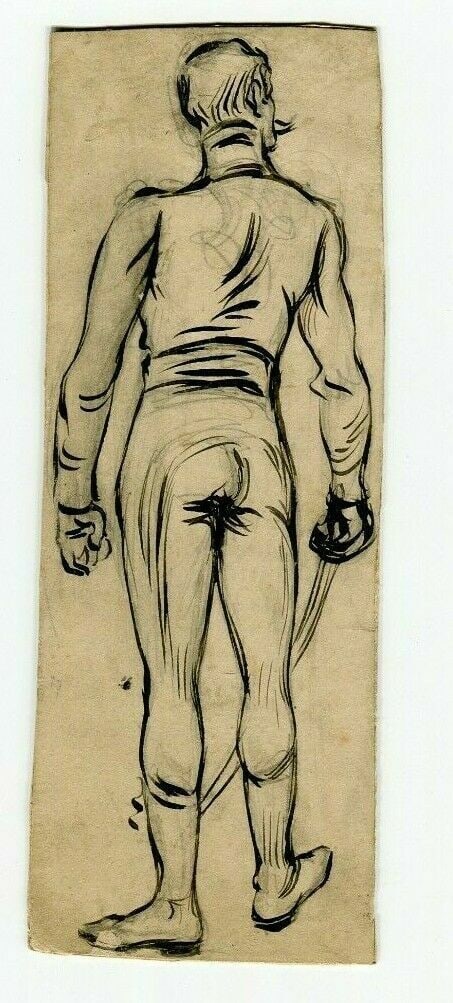 Antique Ink Drawing Original 19th century Figure with Saber, Fencing (1 of 2)
