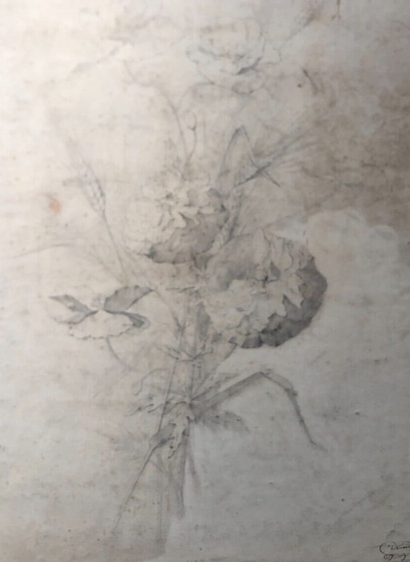 Original Antique Pencil 19th century Drawing Flower Bouquet (1 of 3)