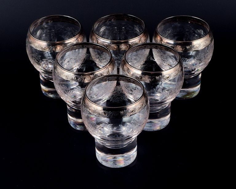Murano, Italy, six mouth-blown and engraved beer glasses with silver rim. (1 of 5)
