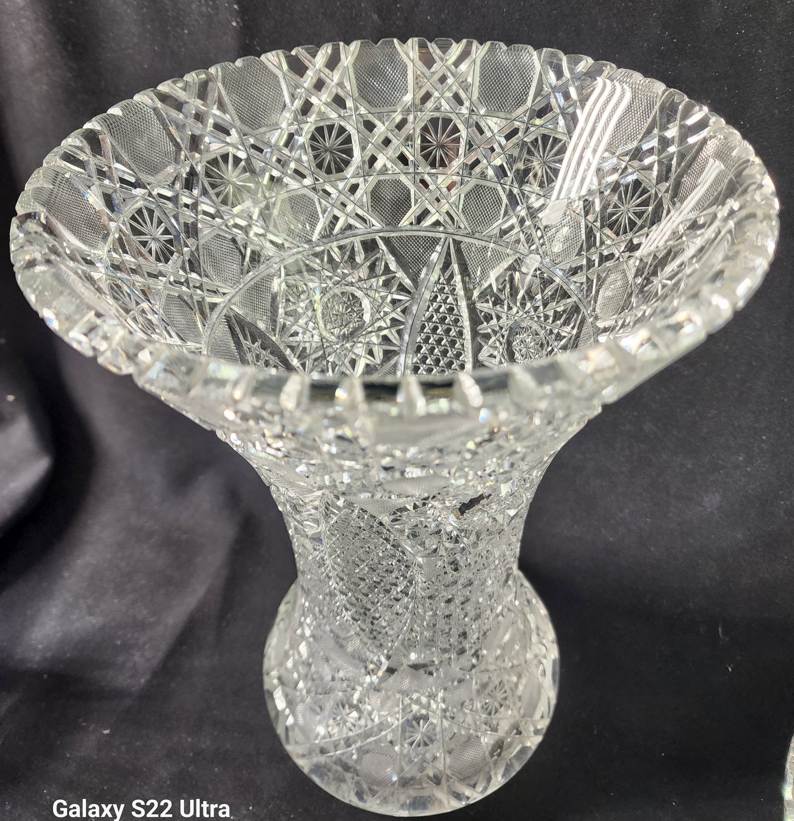 ABP cut glass vase antique flared: Title: ABP cut glass vase antique flared Description: ABP cut glass vase 11.5" high 7.5" in diameter and weighs 6 lbs. Blank is water clear. The vase is in good condition. No chips cracks or cloudines