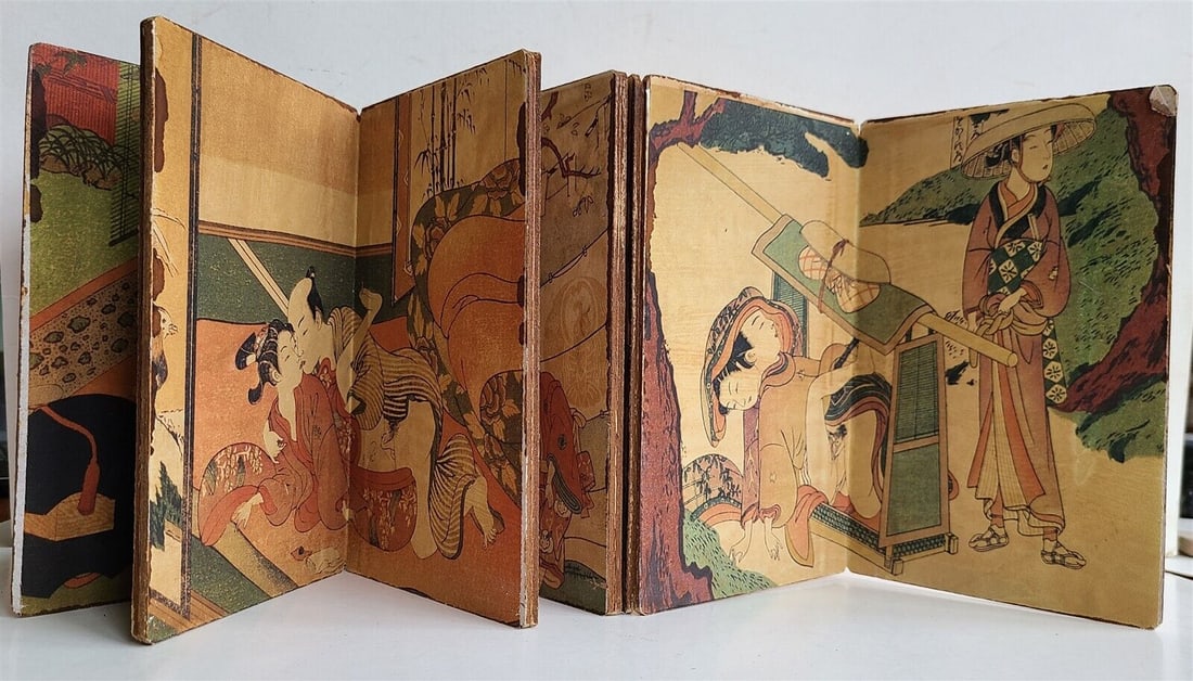 1900s CHINESE EROTIC SHUNGA PILLOW BOOK antique: Color prints on silk, early 20th century. Title label in Chinese Language Size 3 3/4 by 7 1/3" Good condition Shunga is a type of Japanese erotic art typically executed as a kind of ukiyo-e, often in 