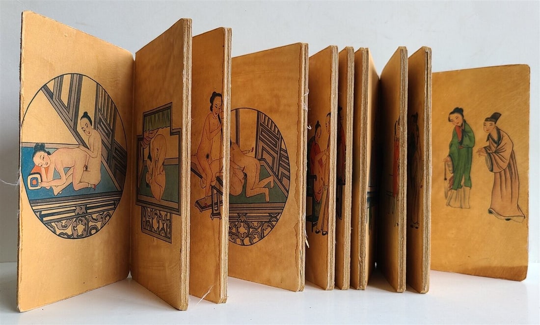 early 20th century CHINESE EROTIC SHUNGA PILLOW BOOK antique: Color prints on silk, early 20th century. Title label in Chinese Language Size 3 3/4 by 7 1/3" Good condition Shunga is a type of Japanese erotic art typically executed as a kind of ukiyo-e, often in 