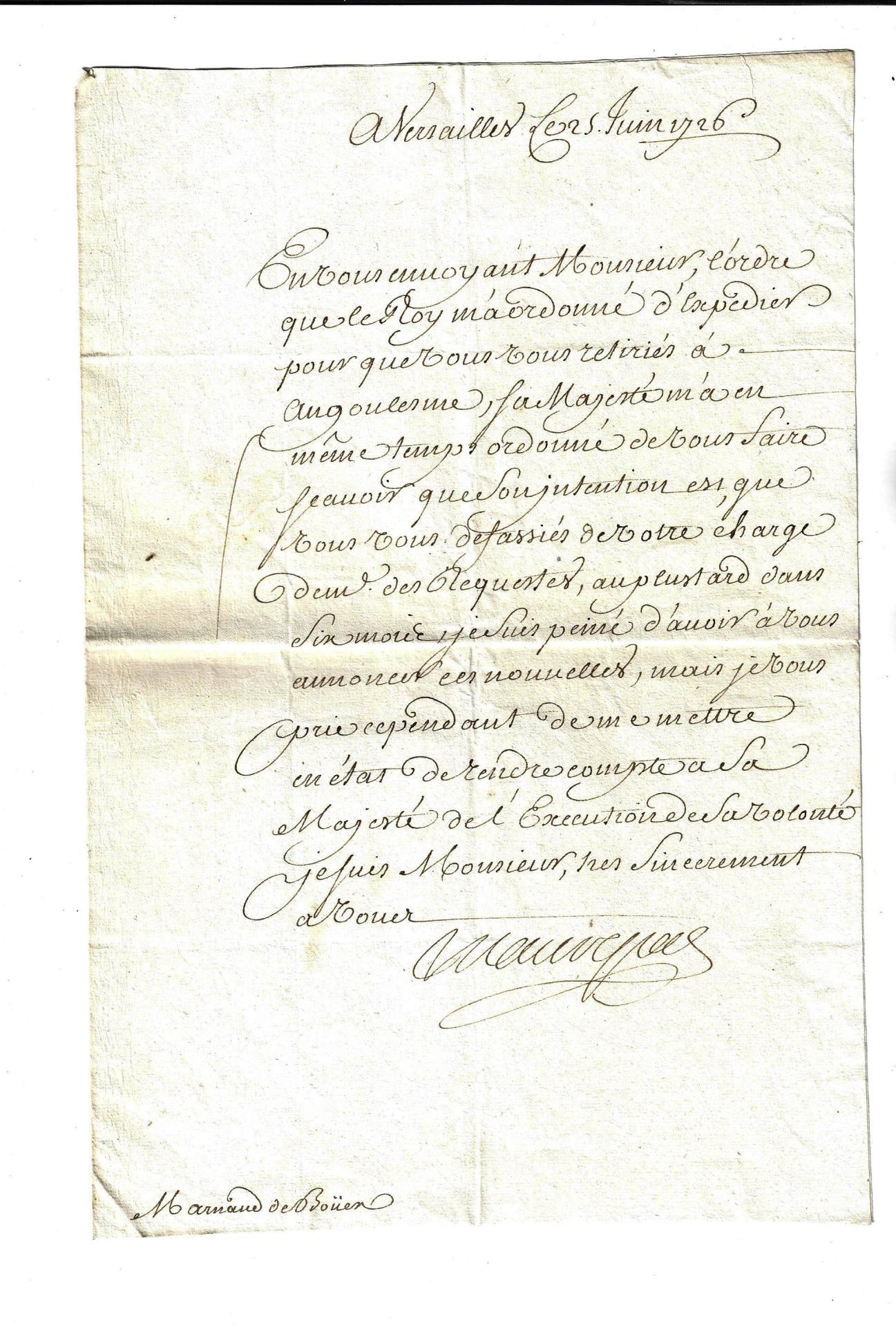 1728 French Manuscript Letter King Louis XV (1 of 2)
