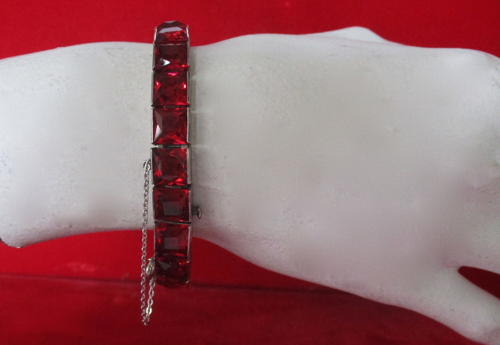 Vintage Art-Deco Sterling Silver & Ruby Red Paste Line Bracelet/sterling silver bracelet/red paste (1 of 6)