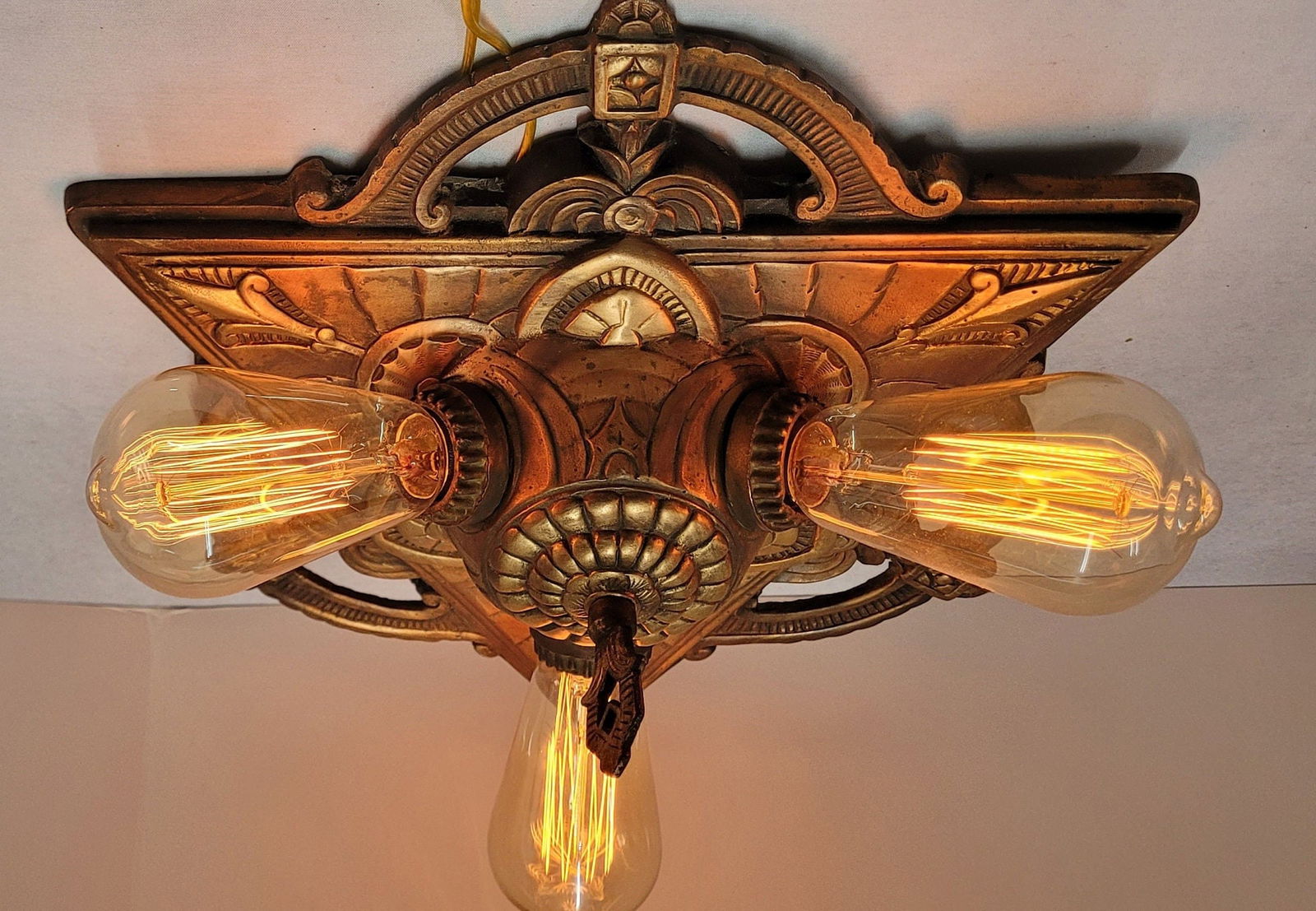 Art Deco 3 light Chandelier Vintage Metal Ceiling Light Copper Aluminum Fixture (1 of 8)