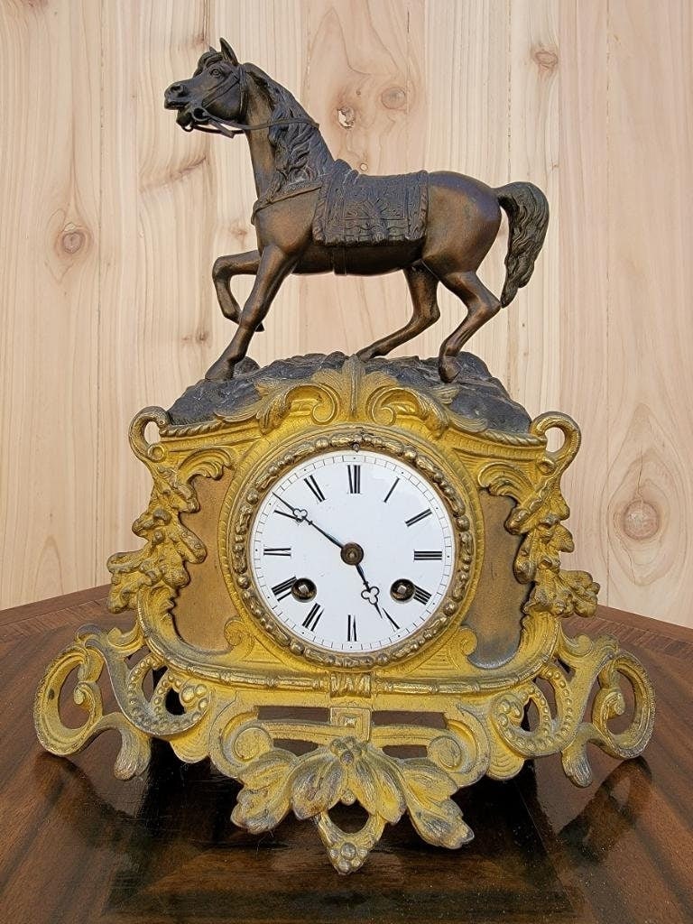 Antique French Neoclassical Bronze Horse Topped Lesperut Fils Aine, Paris Mantel Clock: Vintage from the 1900s Materials: metal, bronze Antique French Neoclassical Bronze Horse Topped Lesperut Fils Aine, Paris Mantel Clock Antique original French Lesperut Fils Aine Paris Mantel Clock. A