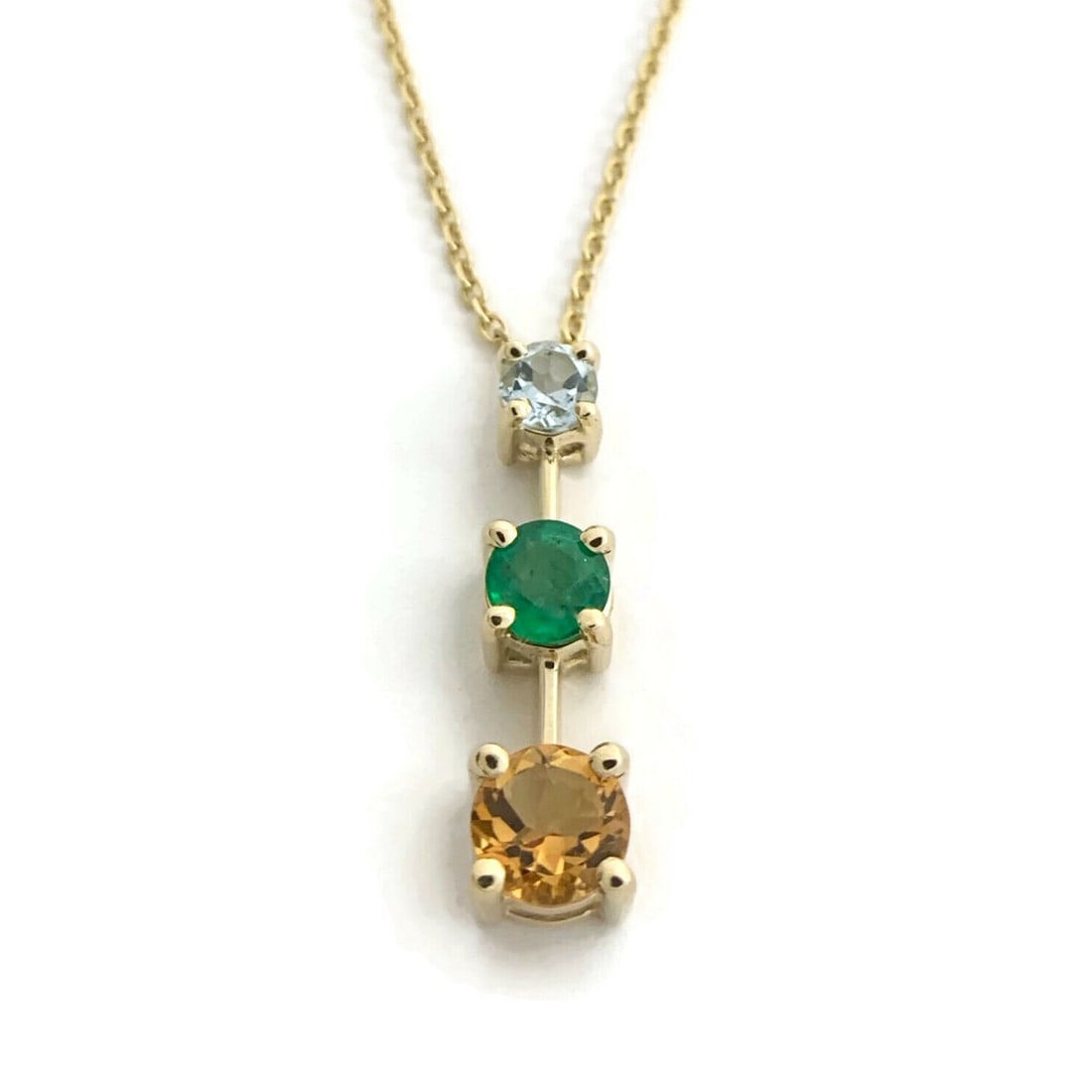 Aquamarine Emerald Citrine 3-Gemstone Pendant Necklace 14K Yellow Gold, 4.95 Gr (1 of 11)
