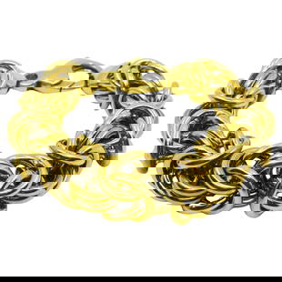 Byzantine Bracelet Italian 18k Gold: CIRCA: 1990’s MATERIALS: 18k Yellow Gold WEIGHT: 114 grams MEASUREMENTS: 8 1/2” x 3/4” HALLMARKS: 18K, Italy ITEM DETAILS: A gorgeous Byzantine bracelet, made of 18k gold in Italy.
