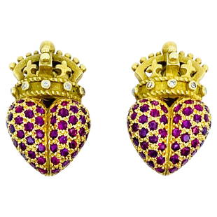 Kieselstein Cord Crown Heart Earrings Gold Ruby Diamond: DESIGNER: Barry Kieselstein-Cord 1 CIRCA: 1987 MATERIALS: 18K Yellow Gold GEMSTONE: Ruby, Diamond WEIGHT: 14.4 grams MEASUREMENT: 15/16" x 9/16" HALLMARKS: 1987, Kieselstein-Cord ITEM DETAILS: A pair