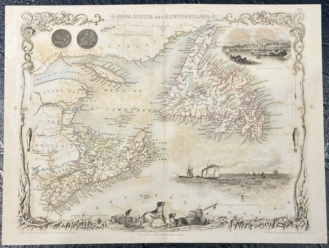Map of Nova Scotia & Newfoundland by John Tallis, 1851: DescriptionTitle/Content of Map: Map of Nova Scotia & Newfoundland by John Tallis, 1851Date Printed: 1851Cartographer: John TallisMaterial/Medium: EngravingSize: 11 x 14"John Tallis was a British map 