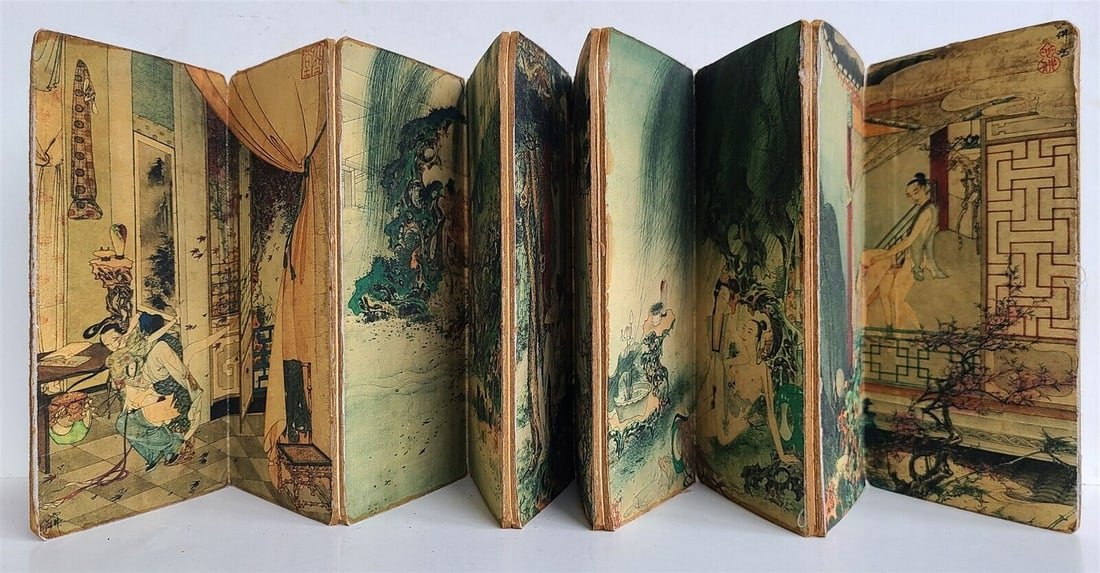 early 1900s CHINESE EROTIC SHUNGA PILLOW BOOK antique: Color prints on silk, early 20th century.Title label in Chinese LanguageSize 3 3/4 by 7 1/3"Good conditionShunga is a type of Japanese erotic art typically executed as a kind of ukiyo-e, often in wood