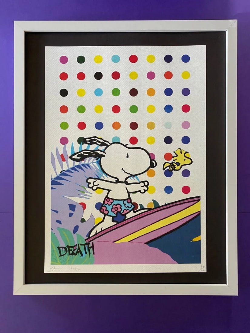 Death NYC LG Framed 16x20in Pop Art Original Certified / Snoopy Surfer Hirst 2: Pop Art Graffiti Master ArtistDeath NYCHand Signed in PencilNumbered X/100 or Artist ProofThis piece is mounted on a 20 x 16 in. black acid free black board.Framed in White covering an area of 22x18in