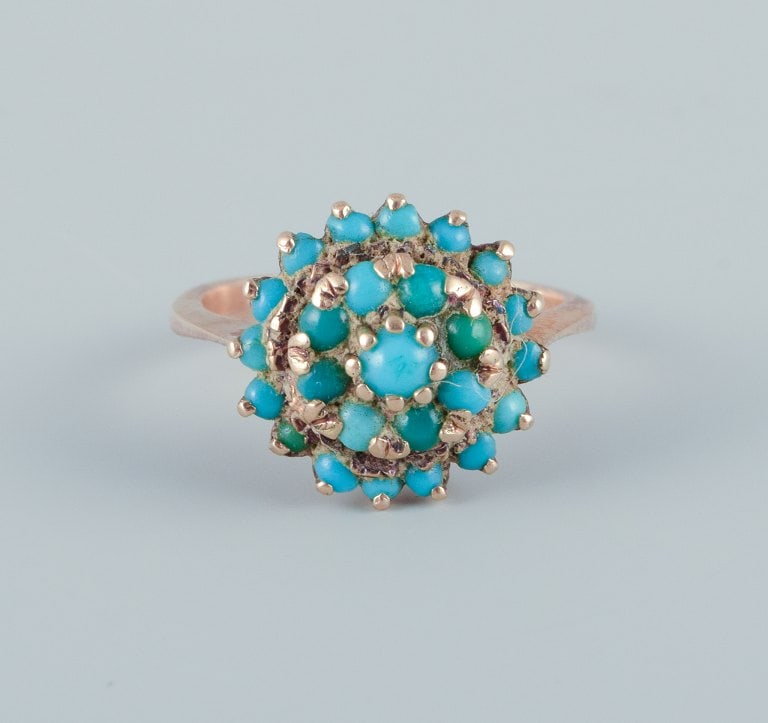 Danish goldsmith, 14 karat gold ring adorned with turquoise. Art Deco style. (1 of 6)