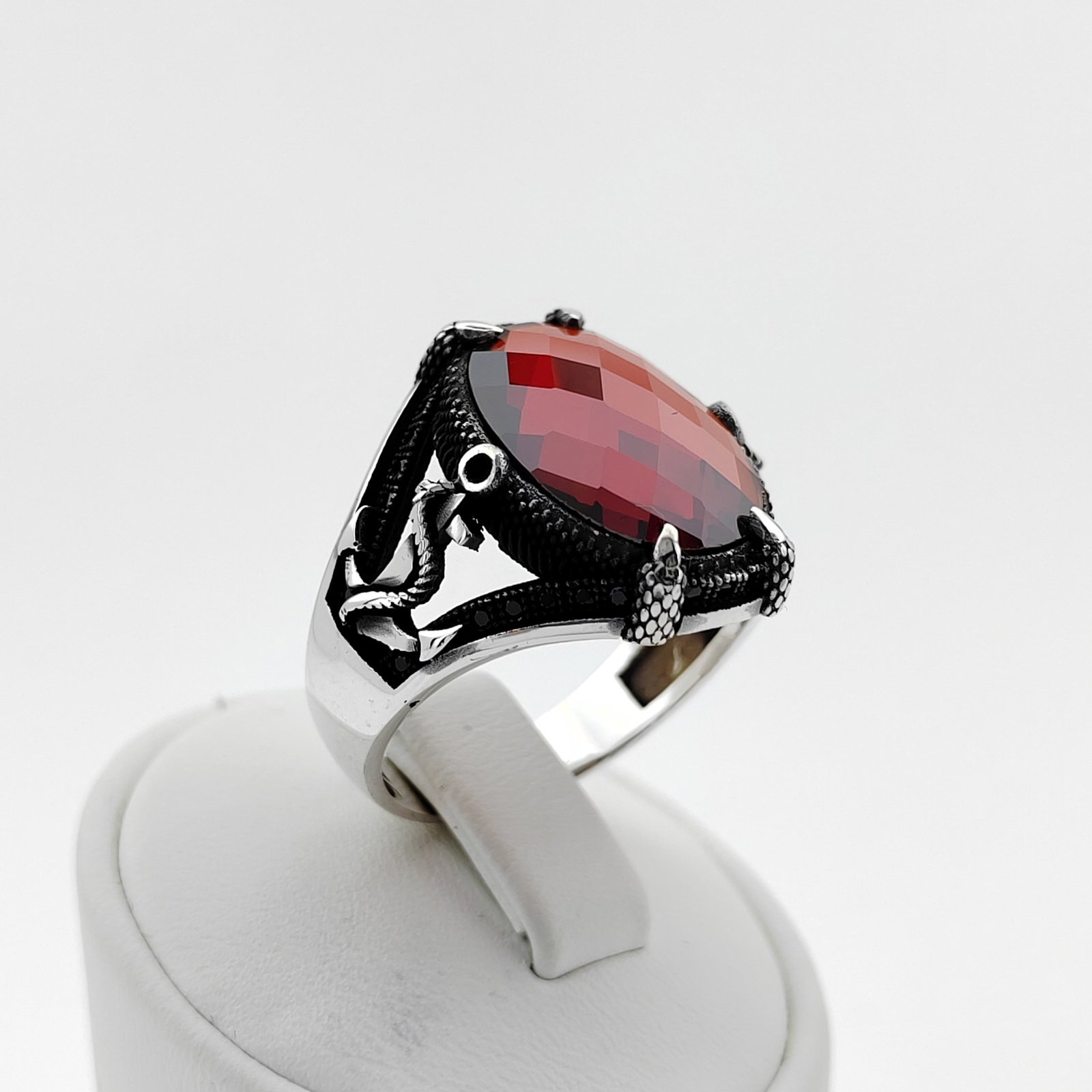 925 Silver Men's Ring with Facet Cut Red Zircon (1 of 8)