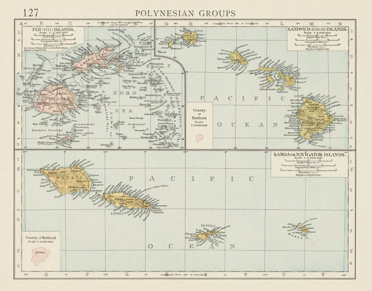 Polynesia. Fiji, Hawaiian & Samoan islands. Vanua/Viti-Levu. THE TIMES 1900 map: TITLE/CONTENT OF MAP: 'Polynesian groups' DATE PRINTED: 1900 IMAGE SIZE: Approx 19.5 x 25.0cm, 7.75 x 9.75 inches (Medium) TYPE: Antique colour atlas map CONDITION: Good; suitable for framing. Please