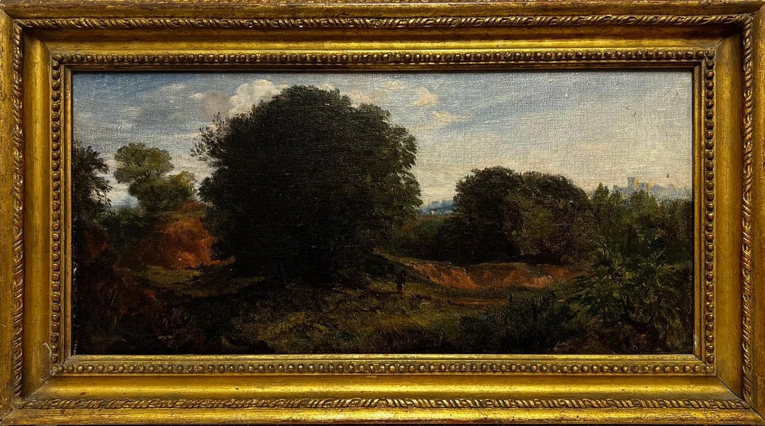 Early 1800's English Oil Painting Figure in Rural Woodland Landscape, original c. 1800's: Artist: English School, early 1800's, circle of John Constable (British 1776-1837) Title: The Woodland Path Medium: oil on canvas, framed Size: 12 x 22 inches Picture: 9 x 18 inches Provence: from a p