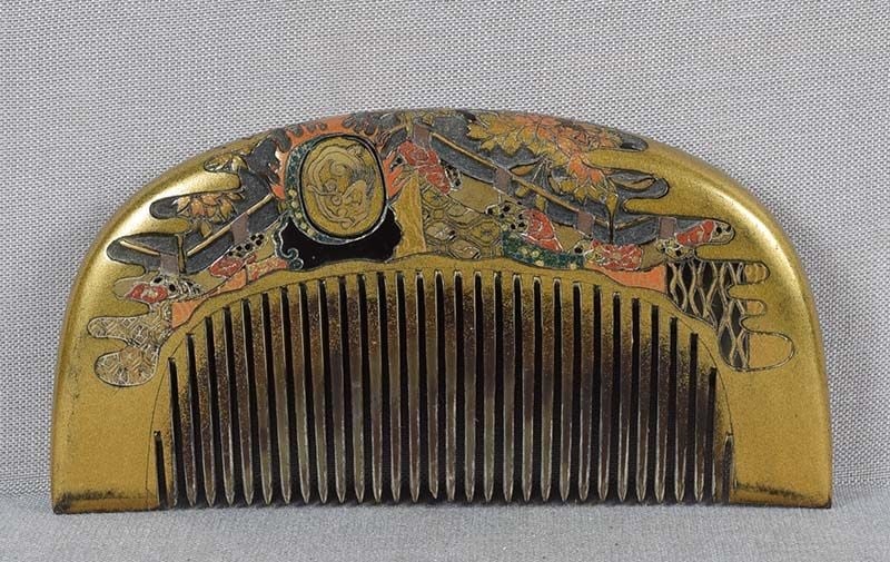 19c Japanese lacquer horn KUSHI hair COMB drum in garden (1 of 6)
