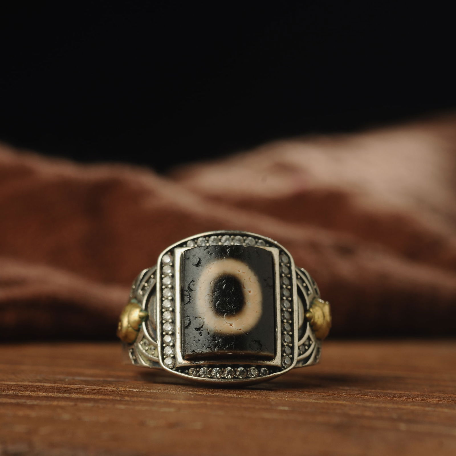 Tibetan Dzi Bead Ring-Silver Inlaid (1 of 8)