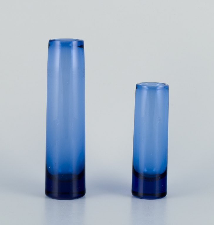 Per L?tken for Holmegaard, Denmark. Two cylindrical art glass vases in blue glass.: Title: Per Lütken for Holmegaard, Denmark. Two cylindrical art glass vases in blue glass. Description: Per Lütken for Holmegaard, Denmark. Two cylindrical art glass vases in blue glass. 1960
