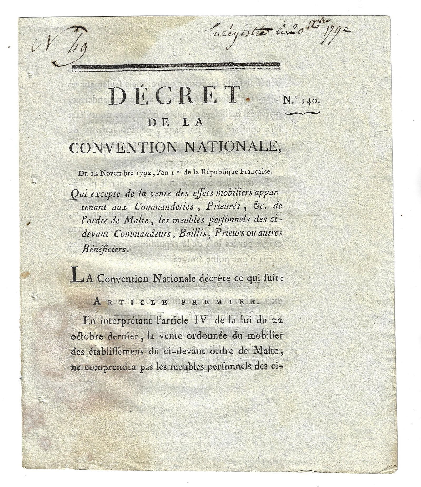 1792 Signed French Decree Order of Malta (1 of 2)
