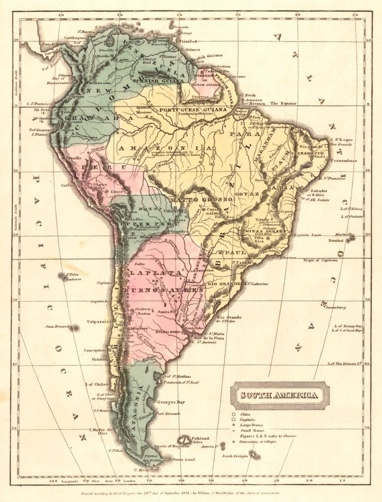 South America: Title: South America Publication Date: -28582 Cartographer: WOODBRIDGE, WILLIAM CHANNING Publisher: WM. C. WOODBRIDGE Brief Description:Shows Portuguese missions, gold and diamond mine areas in Brazil