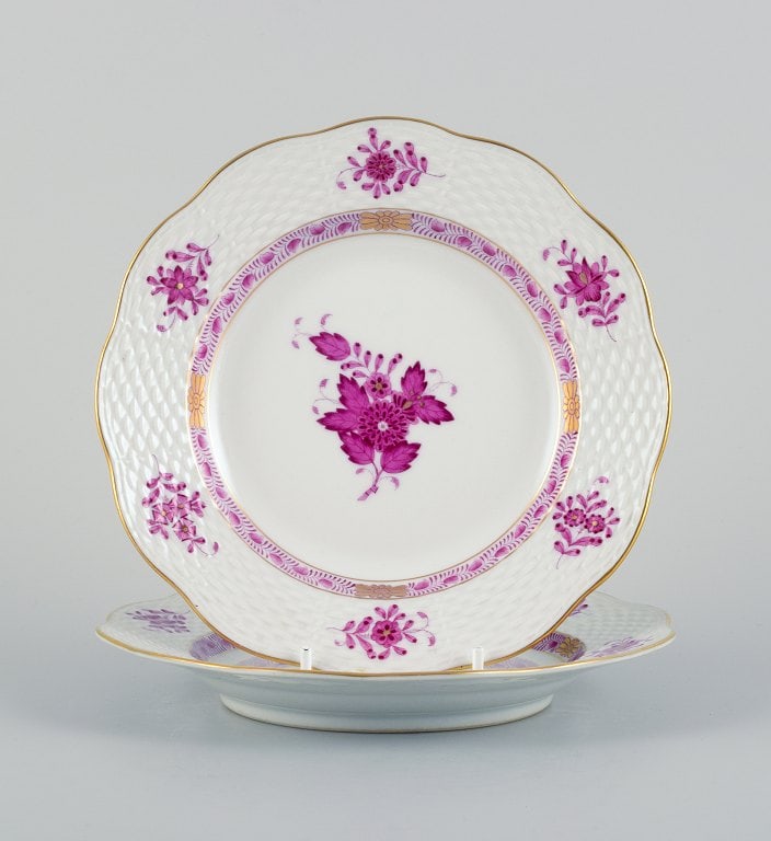Herend, Hungary, Chinese Bouquet Raspberry, two hand painted porcelain plates with gold decoration. (1 of 5)