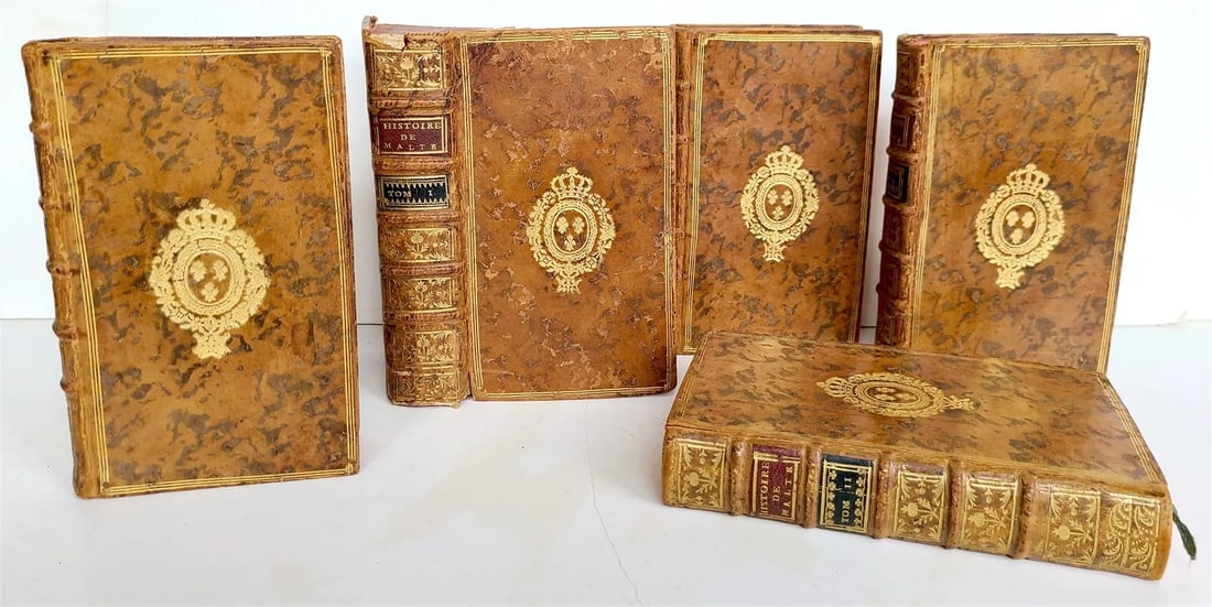 1772 KNIGHTS HOSPITALLER HISTORY by VERTOT 5 VOILUMES antique DECORATIVE BINDING (1 of 6)