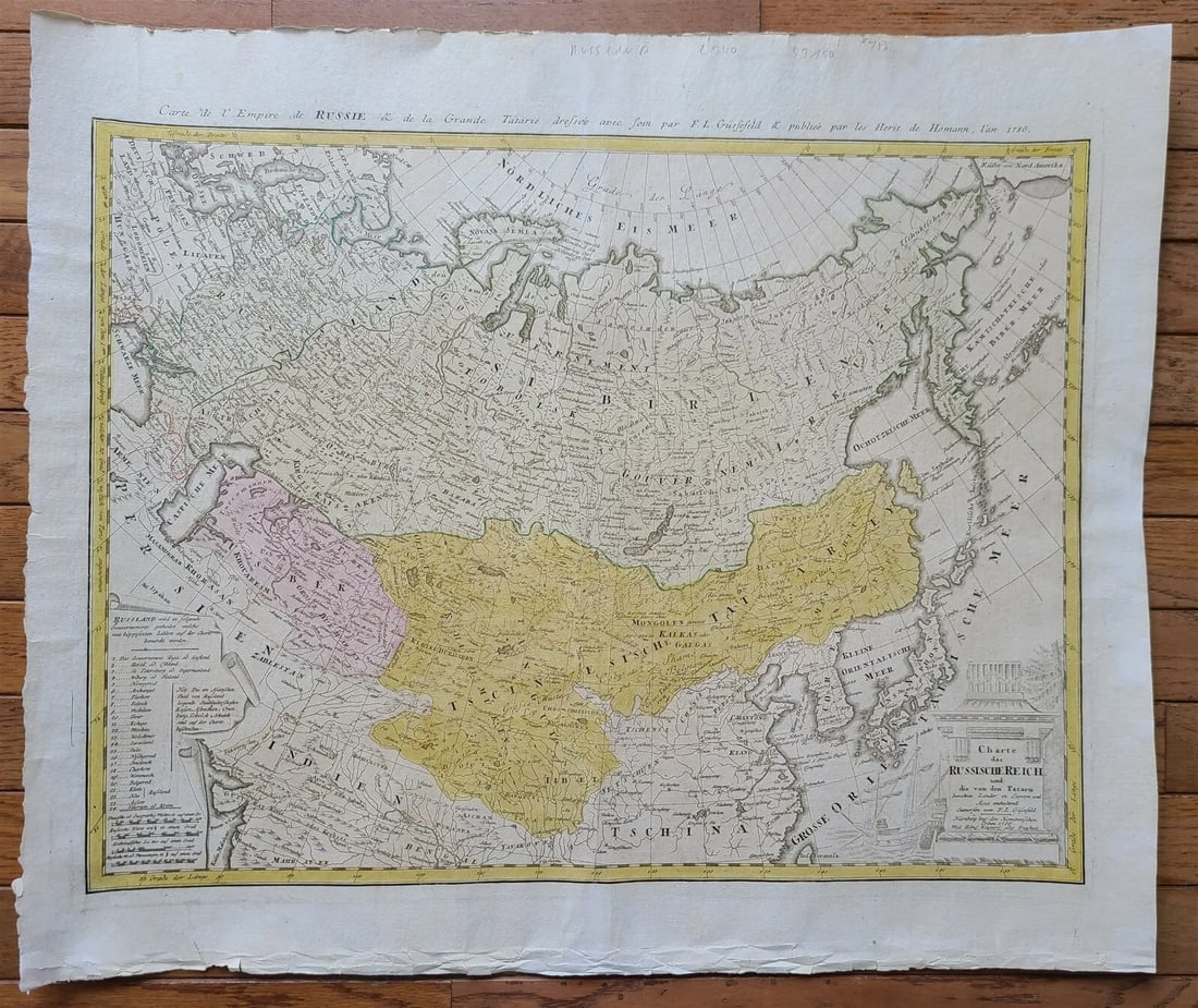 1786 RUSSIA antique MAP 22 x 27" CHINA TARTARIE: Charte das Russische Reich und die von den Tartarn bewohnte Lander in Europa und Asia enthaltend entworfen von F.L. Gussefeld Nuremberg; Homann / Gussefeld Erben ( 1724 - 1780 ) c. 1786 Size overall 2