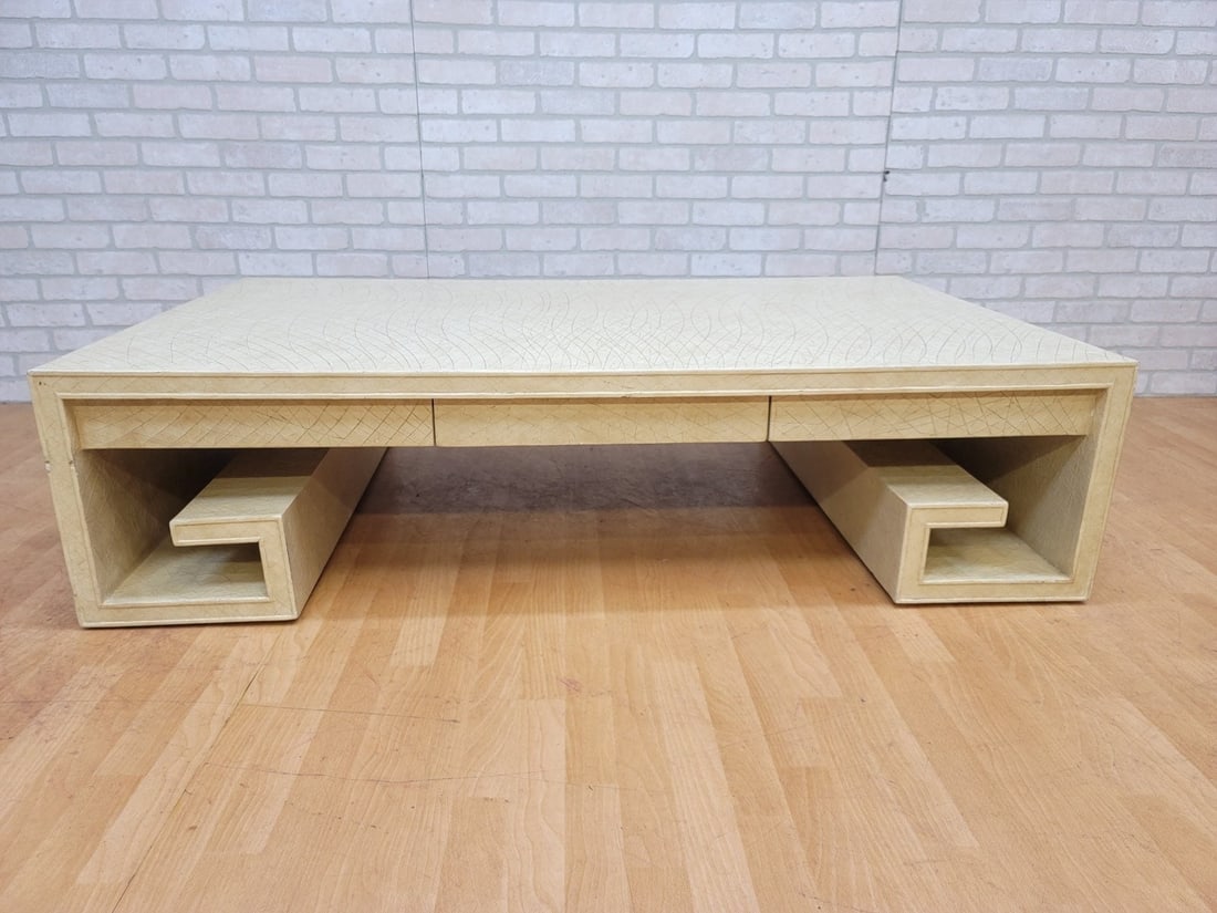 Vintage Thomas Pheasant for Baker Greek Key Crackle Lacquer Coffee Table: Vintage from the 1970s Materials: lacquer, crackled, wood Width: 60 inches Height: 15 inches Depth: 36 inches Vintage Thomas Pheasant for Baker Greek Key Crackle Lacquer Coffee Table Monumental Greek