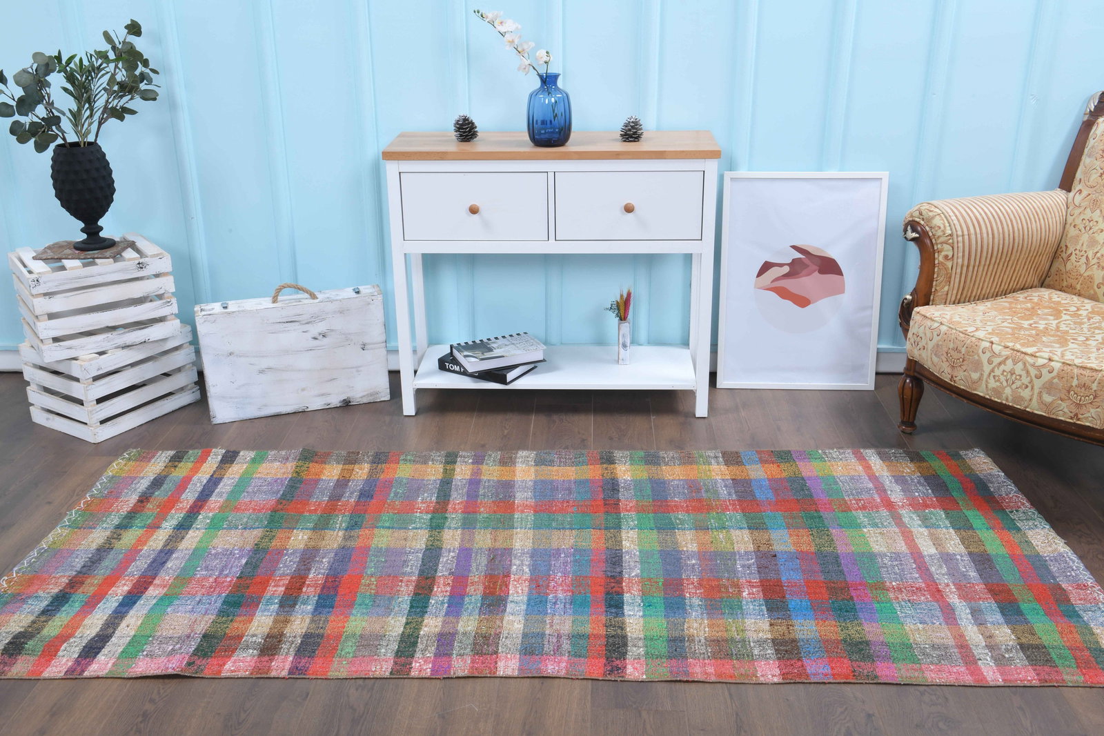 3.5 ft. X 8.5 ft. Kilim Rug: Title: 3.5 ft. X 8.5 ft. Kilim RugOridign: Turkey Date/Period: 1960 - 1970 Materials: Wool and Cotton Size: Width: 3.5 feet Length: 8.5 feet Provenance: This Turkish one-of-a-kind Vintage Flatweave Ki