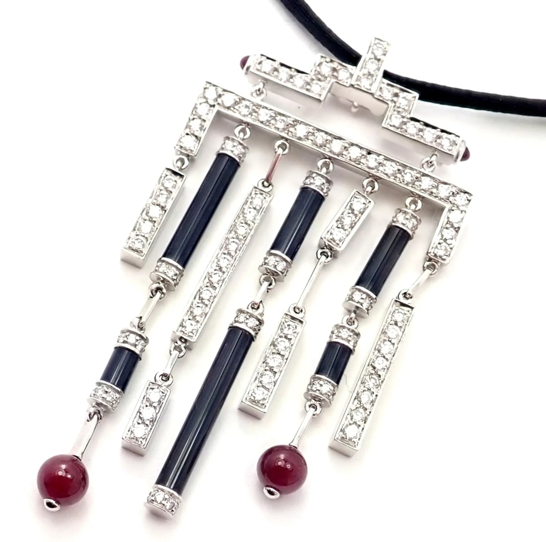 Authentic! Cartier Le Baiser Du Dragon 18k White Gold Onyx Ruby Diamond Necklace (1 of 11)