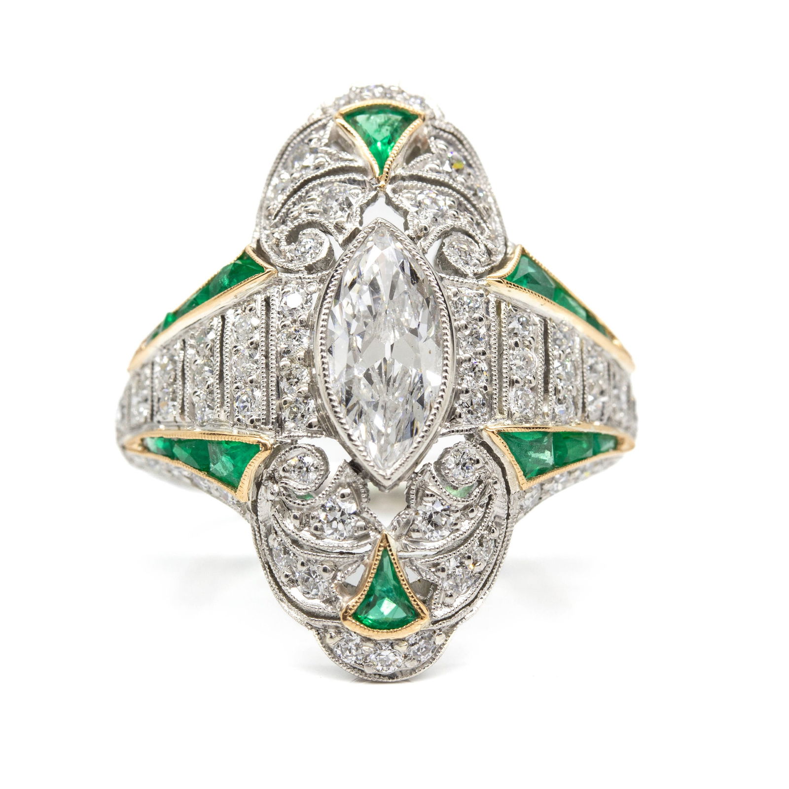 Art Deco Handmade Platinum Old Mine Diamond and French cut Emerald Ring: Title: Art Deco Handmade Platinum Old Mine Diamond and French cut Emerald Ring Description: Vintage from the 1920s Materials: Platinum The Avery ring is an authentic vintage piece handmade in the Art