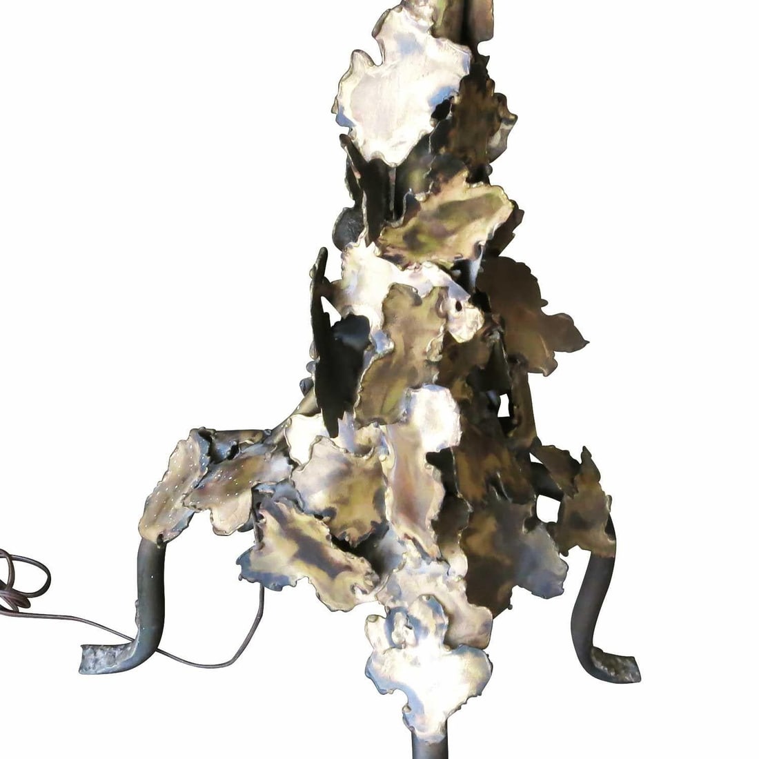 Tom Greene Style Brutalist Torch-Cut Brass Torchiere Floor Lamp: This Tom Greene style Brutalist brass Torchère features a series of multilevel of candles and sculpted torch-cut accents, circa 1970. Reserve: $2,138.00 Shipping: Domestic: Shipping rates are det