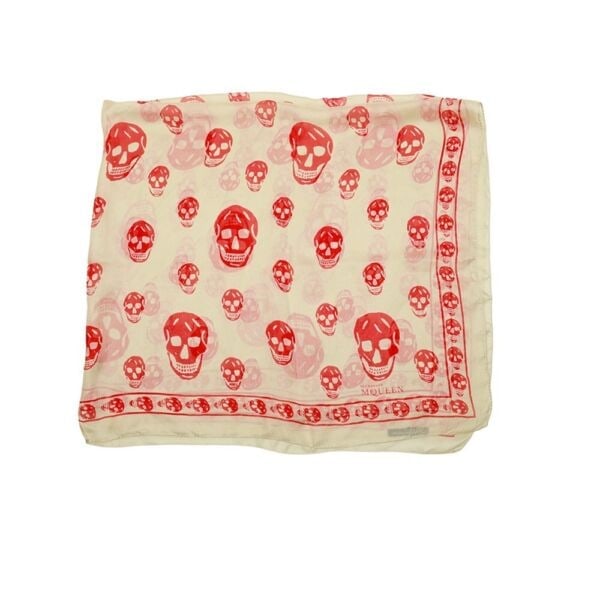 Alexander McQueen White w. Red Skulls & Logo Print Large Silk Scarf Wrap (1 of 4)