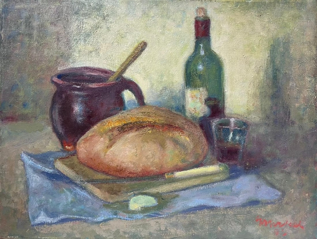 Still Life Bread & Wine on Table Top 20th Century Impressionist Oil Polish art: Still Life by Jacob Markiel (Polish 1911-2008) *See notes signed below oil on canvas, unframed canvas: 18.5 x 24 inches inscribed verso provenance: the artists estate, south of France condition: very 