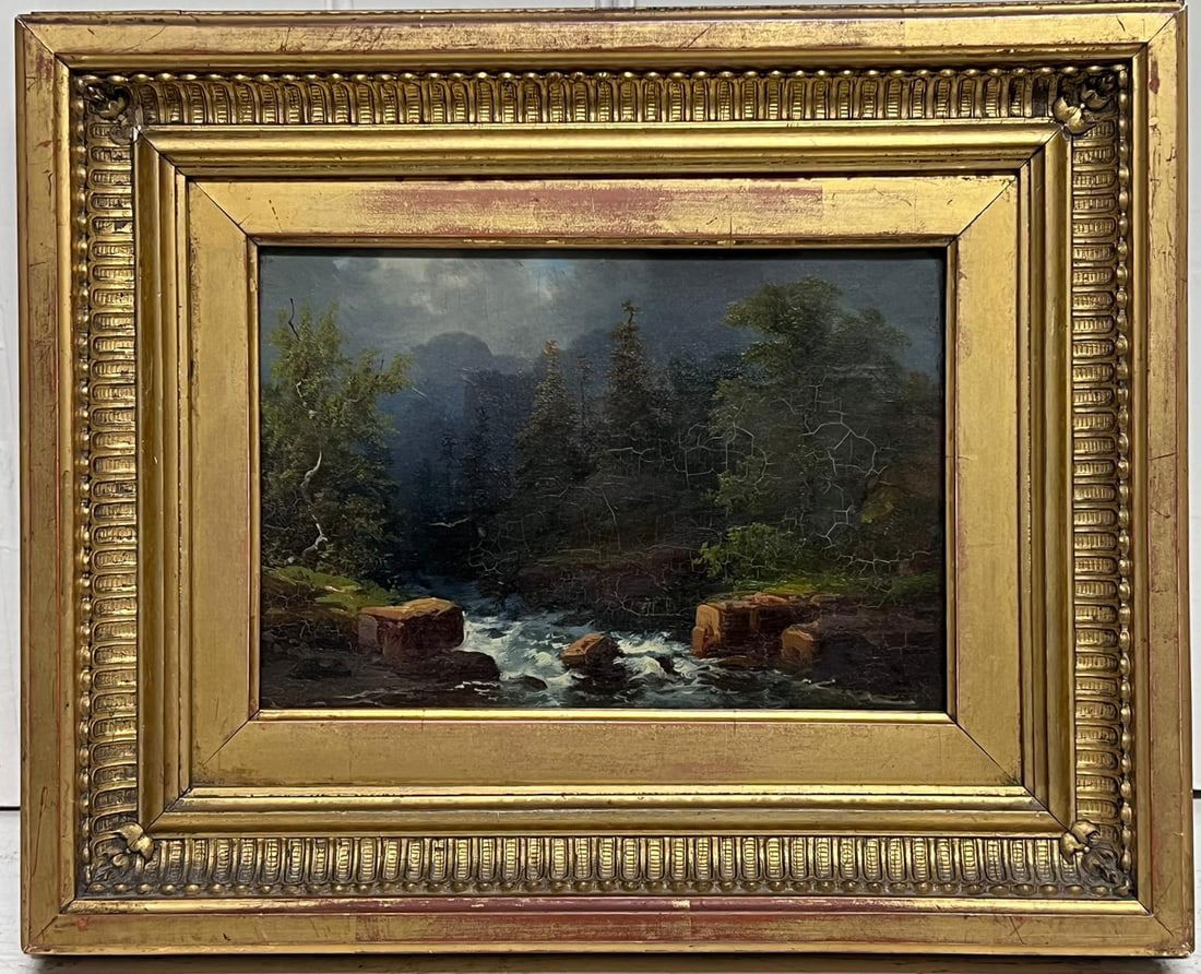 19th Century German Forest River Valley Landscape Antique Framed Oil Painting (1 of 14)