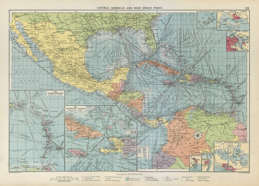 Central America Caribbean Gulf of Mexico chart Ports lighthouses LARGE 1952 map: TITLE/CONTENT OF MAP: 'Central American and West Indian Ports inset The Lesser Antilles; The Windward Passage; Bermudas; Kingston; Havana; Salina Cruz; Coatzacoalcos; Willemstad, Curacao' DATE PRINTED