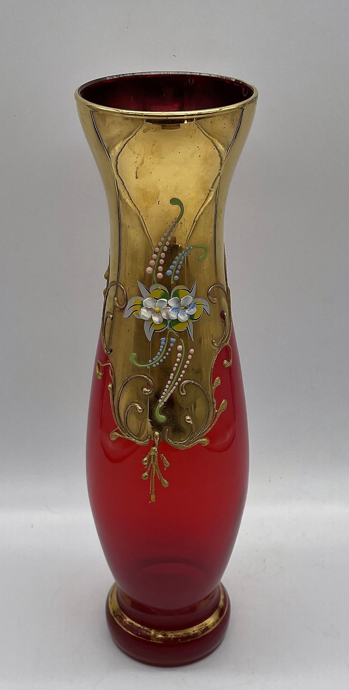 BOHEMIAN RUBY RED GLASS GOLD RAISED ENAMEL FLOWERS VASE (1 of 8)