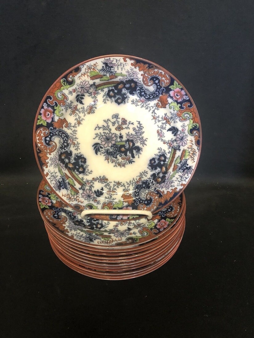 12 Flow Blue Polychrome 8 1/8” Corey Hill Plates (1 of 15)