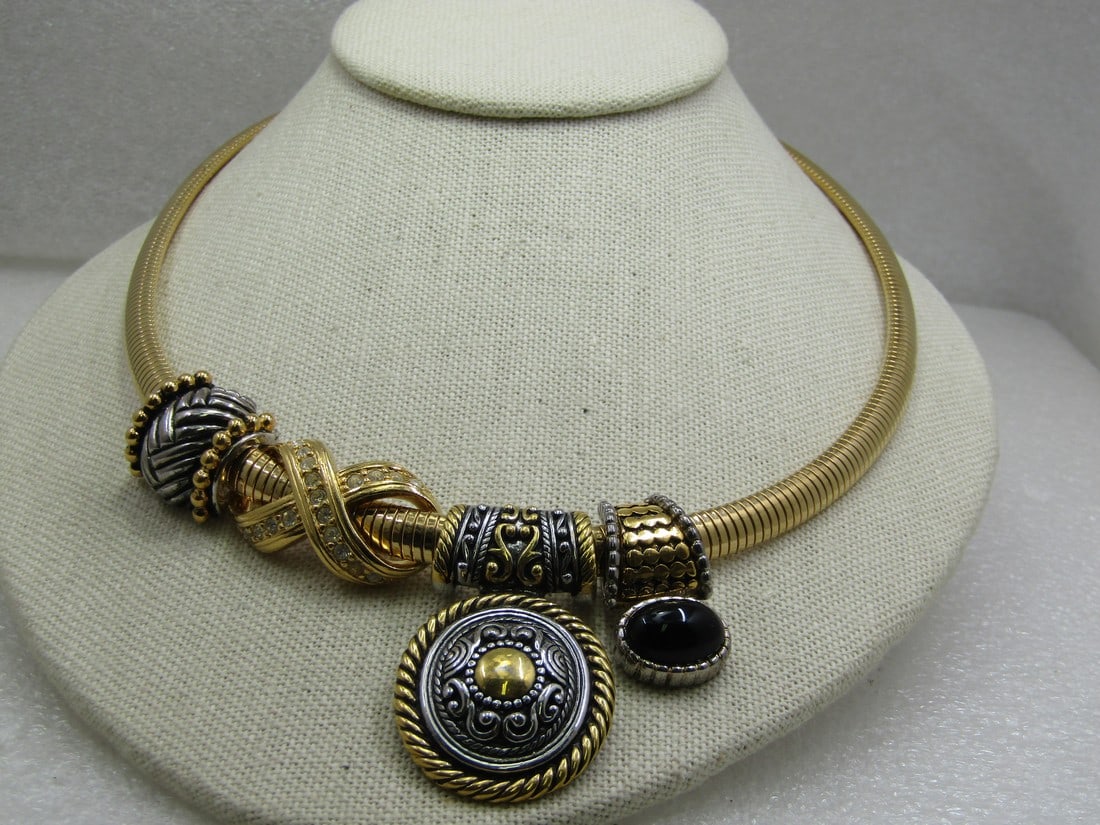 Vintage 7mm Wide Omega Necklace Four Slide Pendants, 19" Sigined: Vintage 7mm Wide Omega Necklace Four Slide Pendants, 19", gold tone. Tje necklace is signed Avon. Two of the slides are gold tone and silver tone and signed Premier designs, and the larger two tone is