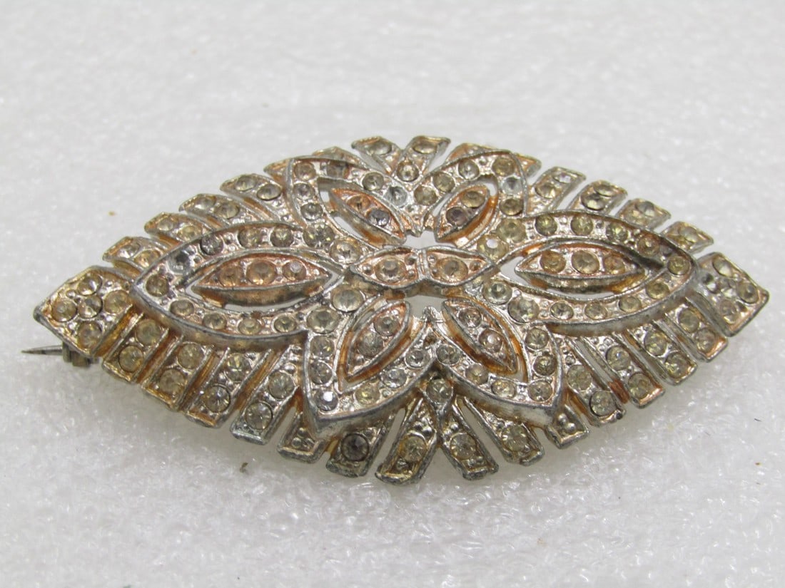 Art Deco Two-Tone Rhinestone Brooch, Cateye Shaped, 2.5", 1920's-1930's (1 of 5)