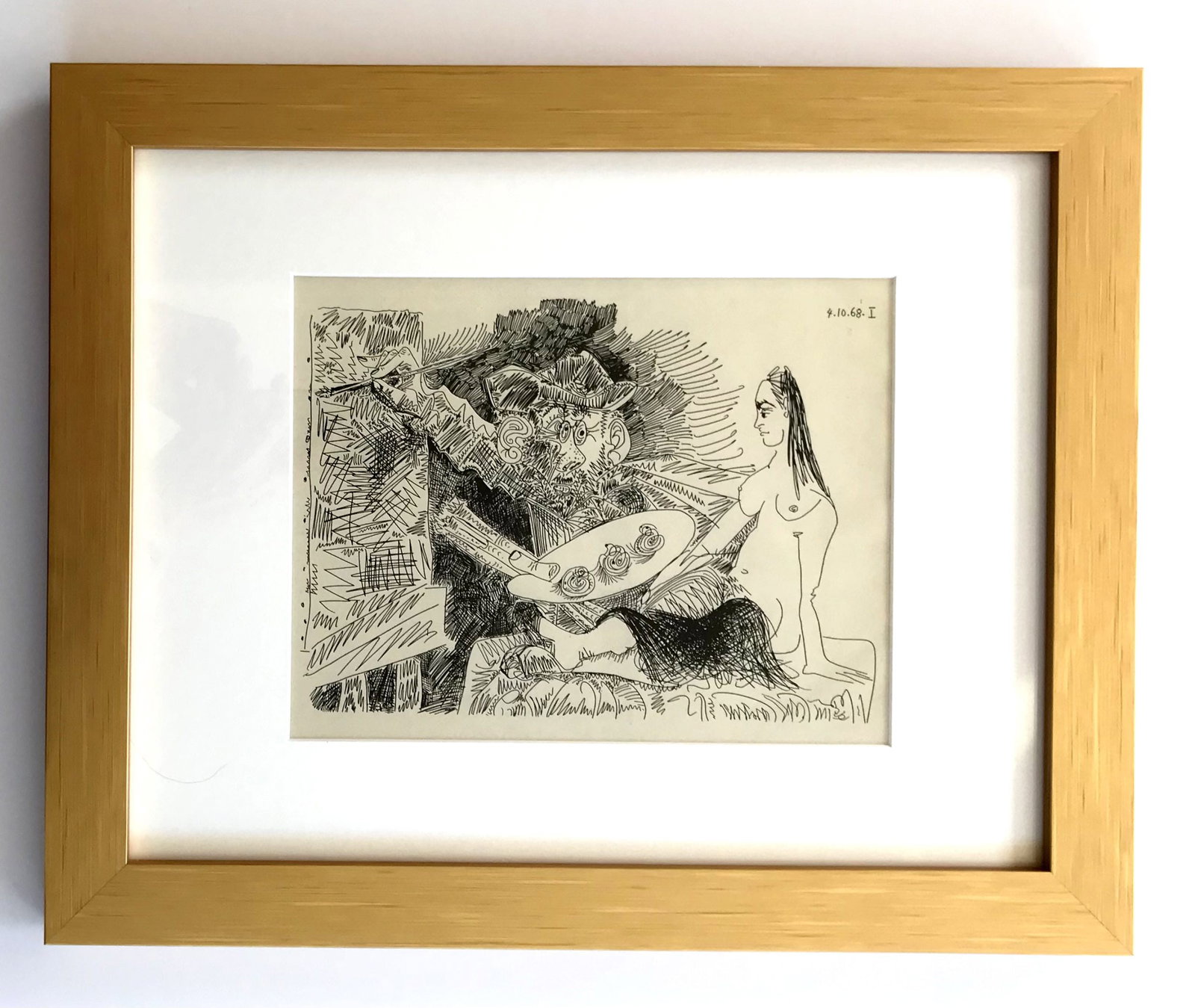 Framed Pablo Picasso Erotic Gravures 1 dated 4/10/1968: Title: Erotic Gravures Artist: Pablo Picasso Country: Spain Medium: Gravures Marks: Numbered & dated in plate Paper Size: 11 x 11 inch Printed: 1968 on velum paper Provenance: Picasso's Eroic Grav