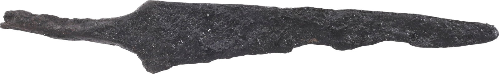 VIKING POCKET OR POUCH KNIFE. 11th C. AD: Cambridgeshire, England, just over 3" total length with straight back and uniform taper to the wedge section slashing blade. Particularly thin section for slashing, distinguishing it from a working kn