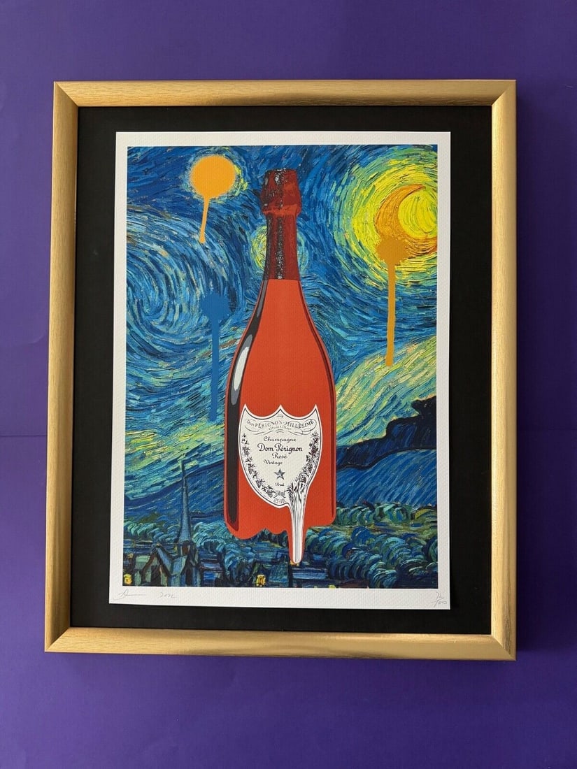 DEATH NYC Hand Signed LARGE Print Framed 16x20in COA DOM PERIGNON Pop Art @: This is a Stunning and Scarce 100% Authentic New Print by Death NYC Hand Signed and Numbered in Pencil by the Artist Limited Edition of 100 Large Size: 45cm x 32cm About 18x13in Fine Art 300 gsm Paper