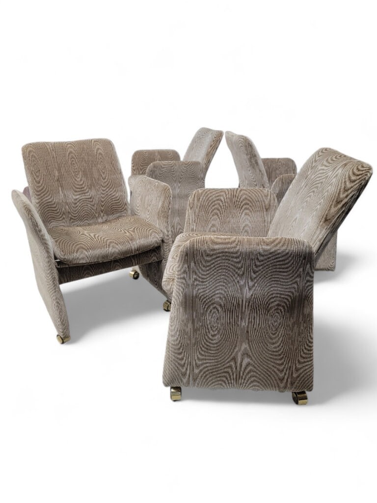 Postmodern Tilting Club Chairs By Chromcraft Newly Upholstered in a Retro Gold Patterned Chenille: Vintage from before 2000 Materials: metal, chenille Overall width: 0 inches Overall height: 0 inches Vintage Postmodern Tilting Club Chairs By Chromcraft Newly Upholstered in a Retro Gold Patterned Ch