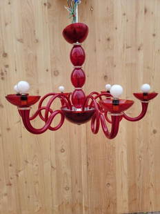 Örni Halloween Artemide Six Arm Pantalica Red Suspension Chandelier: Vintage from the 1990s Materials: Glass Width: 39 inches Height: 35 inches Depth: 39 inches Vintage Örni Halloween Artemide Six Arm Pantalica Red Suspension Chandelier Gorgeous 6 Arm Pantalica Ch