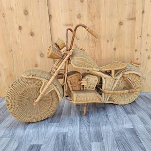 Life Size Rattan, Bamboo and Wicker Harley Davidson Motorcycle: Vintage from the 1980s Materials: bamboo, rattan, wood, wicker Vintage Life Size Rattan, Bamboo and Wicker Harley Davidson Motorcycle Great sculptural motorcycle made attributed to the Tom Dixon store